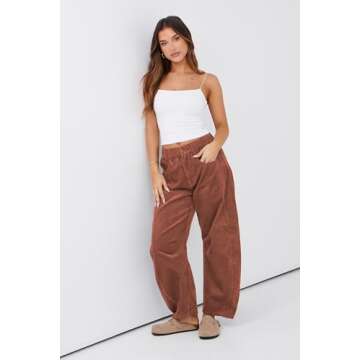 Lviefent Womens Mid Rise Cord Barrel Jeans Casual Baggy Wide Leg Corduroy Cropped Ankle Pants with Pockets (Burgundy-L)