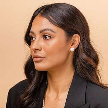 PAVOI 18K Yellow Gold Plated Sterling Silver Round Stud White Simulated Shell Pearl Earrings -12mm