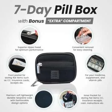 Made Easy Kit Pill Case - Weekly Medicine Organizer with Removable Seven-Day Vitamin & Supplement Box - Premium Neoprene for Travel Purse Accessory (Black)
