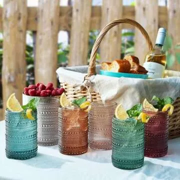 Khen Hobnail Beaded Highball Drinking Tumbler Glasses | Set of 6 | Color, Vintage Bubble Design Whiskey Glassware, Old-Fashioned, Embossed Design for Water, Wine, Cocktail Embossed, Rocks Glass