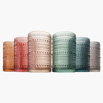 Khen Hobnail Beaded Highball Drinking Tumbler Glasses | Set of 6 | Color, Vintage Bubble Design Whiskey Glassware, Old-Fashioned, Embossed Design for Water, Wine, Cocktail Embossed, Rocks Glass
