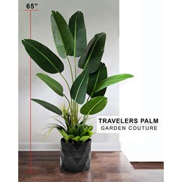 Deluxe 65” Premium Bird of Paradise Travelers Palm Artificial Tree + Fiddle Leaf and Tropical Grass Foliage in 8" Base + 12" Plant Pot Skirt.