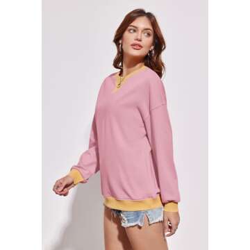 Fisoew Womens Color Block Crew Neck Sweatshirt Oversized Long Sleeve Shirt Casual Pullover Top Y2K Clothes Pink