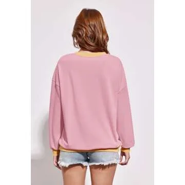 Fisoew Womens Color Block Crew Neck Sweatshirt Oversized Long Sleeve Shirt Casual Pullover Top Y2K Clothes Pink