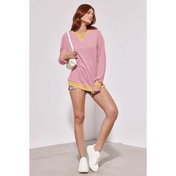 Fisoew Womens Color Block Crew Neck Sweatshirt Oversized Long Sleeve Shirt Casual Pullover Top Y2K Clothes Pink