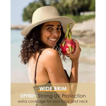 FURTALK Panama Hat Sun Hats for Women Men Wide Brim Fedora Straw Beach Hat UV UPF 80+ Beige