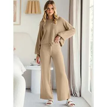 ANRABESS Women’s Two Piece Crop Top & Wide Leg Pants Lounge Sweater Sets 2024 Fall Knit Sweatsuits Cozy Trendy Outfits Khaki Small