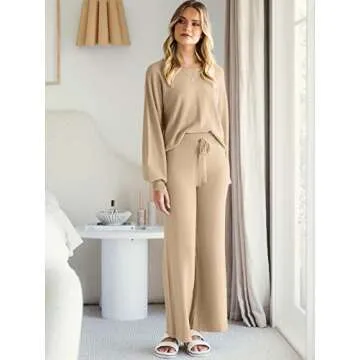 ANRABESS Women’s Two Piece Crop Top & Wide Leg Pants Lounge Sweater Sets 2024 Fall Knit Sweatsuits Cozy Trendy Outfits Khaki Small