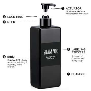 Segbeauty Shampoo and Conditioner Dispenser Refillable, 3pcs 16.9oz Shower Bottles Soap Dispenser with Labels, 500ml Empty Plastic Square Pump Bottle Dispenser Body Wash Containers for Bathroom Black