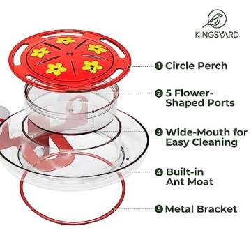 Kingsyard Window Hummingbird Feeder with Ant Moat, Strong Suction Cup Hummingbird Feeders for Outdoors - 8 Oz Leak Proof & 5 Bee Proof Feeding Ports, Red