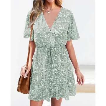 KIRUNDO Women's Summer Dresses 2025 Casual Short Sleeve V Neck Ruffle Floral Print High Waist Flowy Mini Dress with Belt