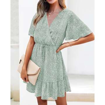 KIRUNDO Women's Summer Dresses 2025 Casual Short Sleeve V Neck Ruffle Floral Print High Waist Flowy Mini Dress with Belt