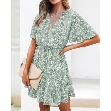 KIRUNDO Women's Summer Dresses 2025 Casual Short Sleeve V Neck Ruffle Floral Print High Waist Flowy Mini Dress with Belt