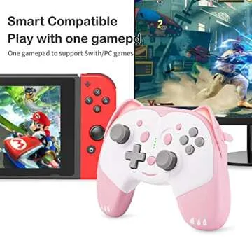 SIMGAL Wireless Controller Compatible with Nintendo Switch/Switch Lite, Cute Cat Bluetooth Pro Controller with Turbo, Motion, Vibration, Wake-up, Headphone Jack and Breathing LED Light (Pink)