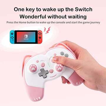 SIMGAL Wireless Controller Compatible with Nintendo Switch/Switch Lite, Cute Cat Bluetooth Pro Controller with Turbo, Motion, Vibration, Wake-up, Headphone Jack and Breathing LED Light (Pink)