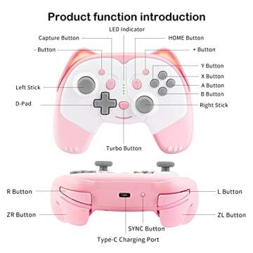SIMGAL Wireless Controller Compatible with Nintendo Switch/Switch Lite, Cute Cat Bluetooth Pro Controller with Turbo, Motion, Vibration, Wake-up, Headphone Jack and Breathing LED Light (Pink)