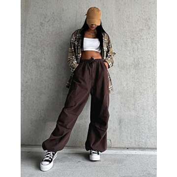 KAMISSY Women Causal Baggy Cargo Pants Parachute Low Waist Hip Hop Jogger Sweatpants with Pocket Drawstring Wide Leg Trousers Brown