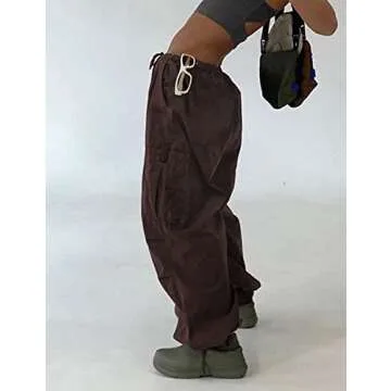 KAMISSY Women Causal Baggy Cargo Pants Parachute Low Waist Hip Hop Jogger Sweatpants with Pocket Drawstring Wide Leg Trousers Brown