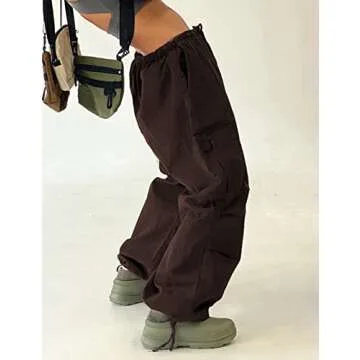 KAMISSY Women Causal Baggy Cargo Pants Parachute Low Waist Hip Hop Jogger Sweatpants with Pocket Drawstring Wide Leg Trousers Brown