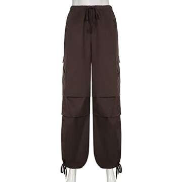 KAMISSY Women Causal Baggy Cargo Pants Parachute Low Waist Hip Hop Jogger Sweatpants with Pocket Drawstring Wide Leg Trousers Brown