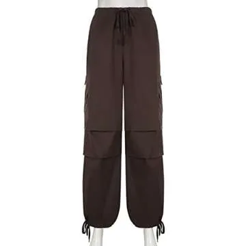 KAMISSY Women Causal Baggy Cargo Pants Parachute Low Waist Hip Hop Jogger Sweatpants with Pocket Drawstring Wide Leg Trousers Brown