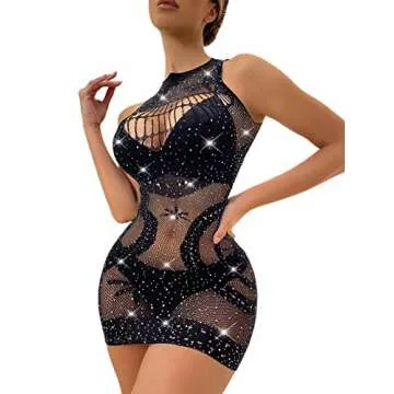 Barode Women Lingerie Fishnet Rhinestones Bodysuit Sparkle Body Stockings Lingerie Sexy Mesh Tight Nightwear Teddy Lingeries (C)