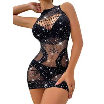 Barode Women Lingerie Fishnet Rhinestones Bodysuit Sparkle Body Stockings Lingerie Sexy Mesh Tight Nightwear Teddy Lingeries (C)