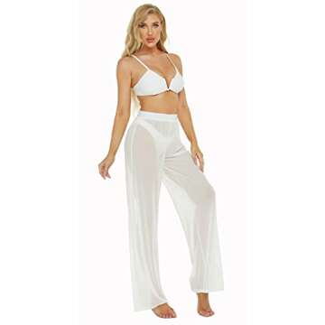 Awoscut Women See Through Sheer Mesh Pants Beach Swimsuit Bikini Bottom Cover up Party Club Elastic High Waist Wide Leg Pants (White, M)