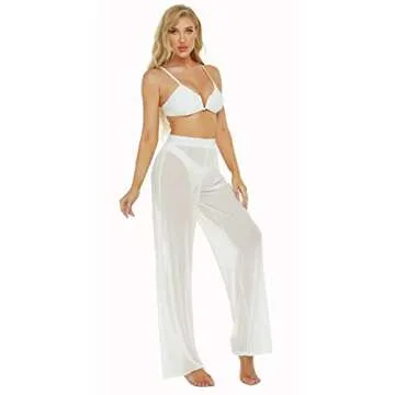 Awoscut Women See Through Sheer Mesh Pants Beach Swimsuit Bikini Bottom Cover up Party Club Elastic High Waist Wide Leg Pants (White, M)