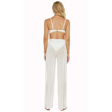 Awoscut Women See Through Sheer Mesh Pants Beach Swimsuit Bikini Bottom Cover up Party Club Elastic High Waist Wide Leg Pants (White, M)