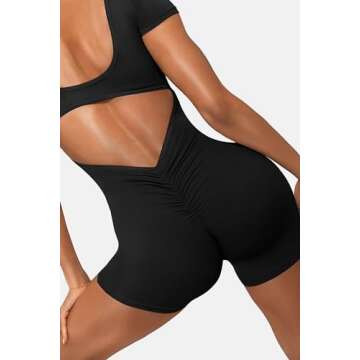 OEAK Short Sleeve Jumpsuit Workout for Women Square Neck One Piece Backless Tummy Control Bodycon Scrunch Butt Yoga Rompers