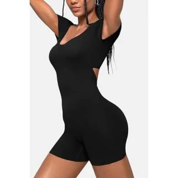 OEAK Short Sleeve Jumpsuit Workout for Women Square Neck One Piece Backless Tummy Control Bodycon Scrunch Butt Yoga Rompers