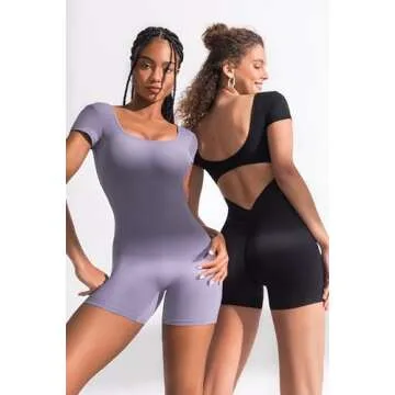 OEAK Short Sleeve Jumpsuit Workout for Women Square Neck One Piece Backless Tummy Control Bodycon Scrunch Butt Yoga Rompers