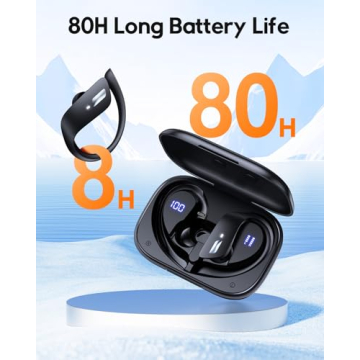 Wireless Earbuds 80Hrs Bluetooth 5.3 Headphones, Bluetooth Earbuds Stereo Bass Sound Ear Buds, IPX7 Waterproof Sports Over Ear Earphones with Earhook, LED Power Display, for Running Workout Black