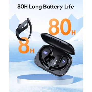 Wireless Earbuds 80Hrs Bluetooth 5.3 Headphones, Bluetooth Earbuds Stereo Bass Sound Ear Buds, IPX7 Waterproof Sports Over Ear Earphones with Earhook, LED Power Display, for Running Workout Black
