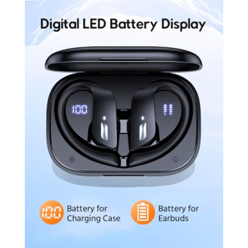 Wireless Earbuds 80Hrs Bluetooth 5.3 Headphones, Bluetooth Earbuds Stereo Bass Sound Ear Buds, IPX7 Waterproof Sports Over Ear Earphones with Earhook, LED Power Display, for Running Workout Black