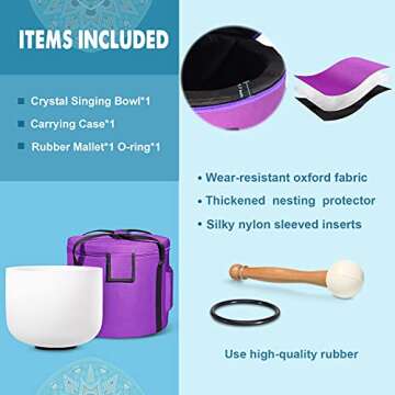 440HZ 8 Inch A Note Third Eye Chakra Frosted Quartz Crystal Singing Bowl Meditation Therapy Sound Healing Instrument Sound Bath Bowl with Carrying Bag Mallet and O-ring 1