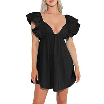 hibshaby Sexy Deep V Neck Ruffle Sleeve Mini Backless Lace Up Babydoll Summer Short Dress Black S