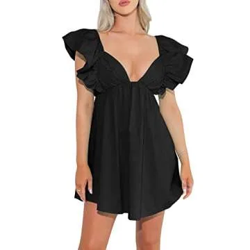 hibshaby Sexy Deep V Neck Ruffle Sleeve Mini Backless Lace Up Babydoll Summer Short Dress Black S