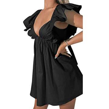 hibshaby Sexy Deep V Neck Ruffle Sleeve Mini Backless Lace Up Babydoll Summer Short Dress Black S