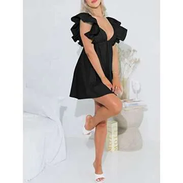 hibshaby Sexy Deep V Neck Ruffle Sleeve Mini Backless Lace Up Babydoll Summer Short Dress Black S