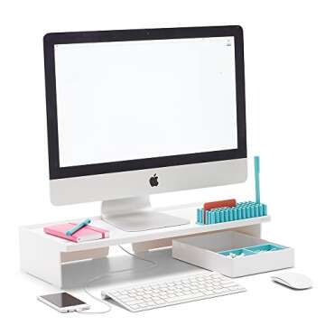 Poppin White Monitor Riser - Lacquer-Like Finish, Cable Cutout in Back, Take Monitor to New Heights, Doubles As All-Purpose Shelf, Stacks with Accessory and Letter Trays, 21,1" x 10,6" x 4,1"