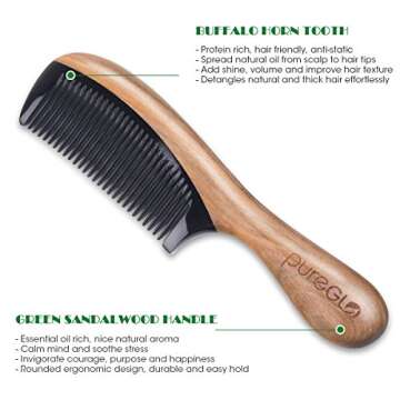 No Static Hair Comb [Gift Box] – pureGLO Detangling Fine Tooth Wooden Hair Combs, Green Sandalwood Buffalo Horn Comb, Gift for Men Women and Kids