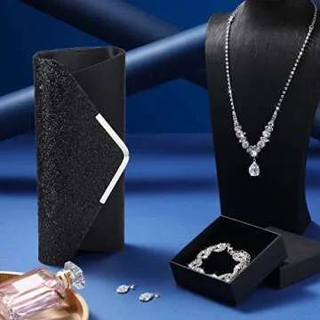 4 Pcs Women Rhinestone Jewelry Set Floral Wave Teardrop Crystal Wedding Necklace Earrings Floral Cluster Wave Bracelet Glitter Envelope Evening Bag Handbag Party Bridal Purse (Stylish Style)