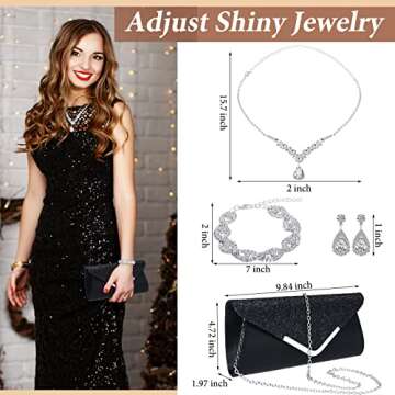 4 Pcs Women Rhinestone Jewelry Set Floral Wave Teardrop Crystal Wedding Necklace Earrings Floral Cluster Wave Bracelet Glitter Envelope Evening Bag Handbag Party Bridal Purse (Stylish Style)