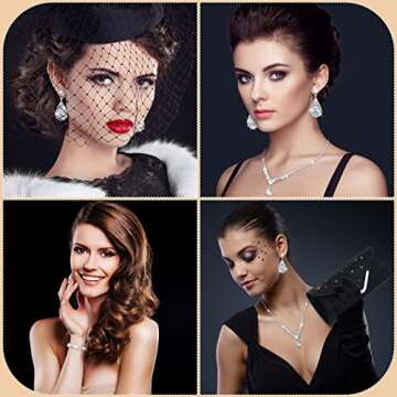 4 Pcs Women Rhinestone Jewelry Set Floral Wave Teardrop Crystal Wedding Necklace Earrings Floral Cluster Wave Bracelet Glitter Envelope Evening Bag Handbag Party Bridal Purse (Stylish Style)