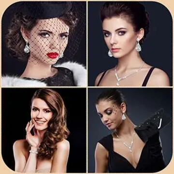 4 Pcs Women Rhinestone Jewelry Set Floral Wave Teardrop Crystal Wedding Necklace Earrings Floral Cluster Wave Bracelet Glitter Envelope Evening Bag Handbag Party Bridal Purse (Stylish Style)