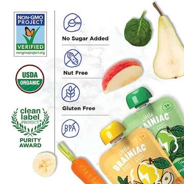 Little Brainiac Variety Pack Organic Fruit & Veggie Snack Brain Boosting Toddler Pouches, Two Flavor Variety Pack, with Omega-3s DHA/EPA and Choline, Clean Label, BPA-Free, Non-GMO, 3.5 oz, Pack of 12