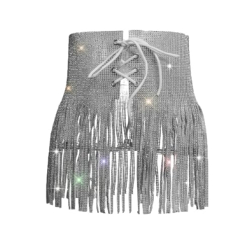 Fstrend Rhinestone Tassel Skirt Silver Sparkly Party Wear