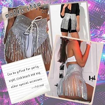 Fstrend Rhinestone Tassel Skirt Silver Sparkly Party Wear